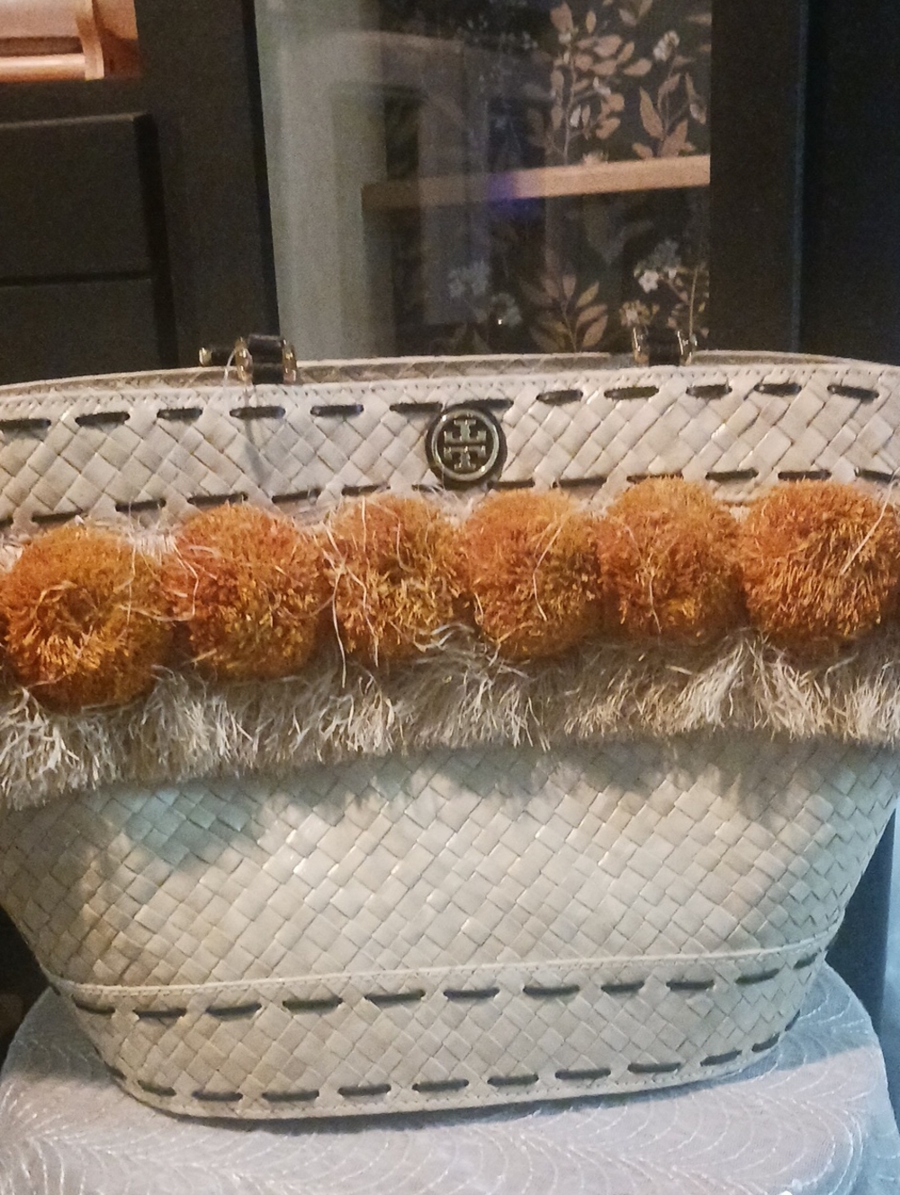Tory Burch White Woven Tote with Orange Pom-Pom Trim